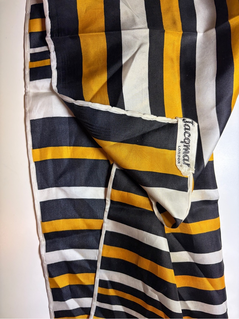 VTG Jacqmar London Silk Scarf Black Yellow Gold Ivory Stripes Hand Rolled Hem